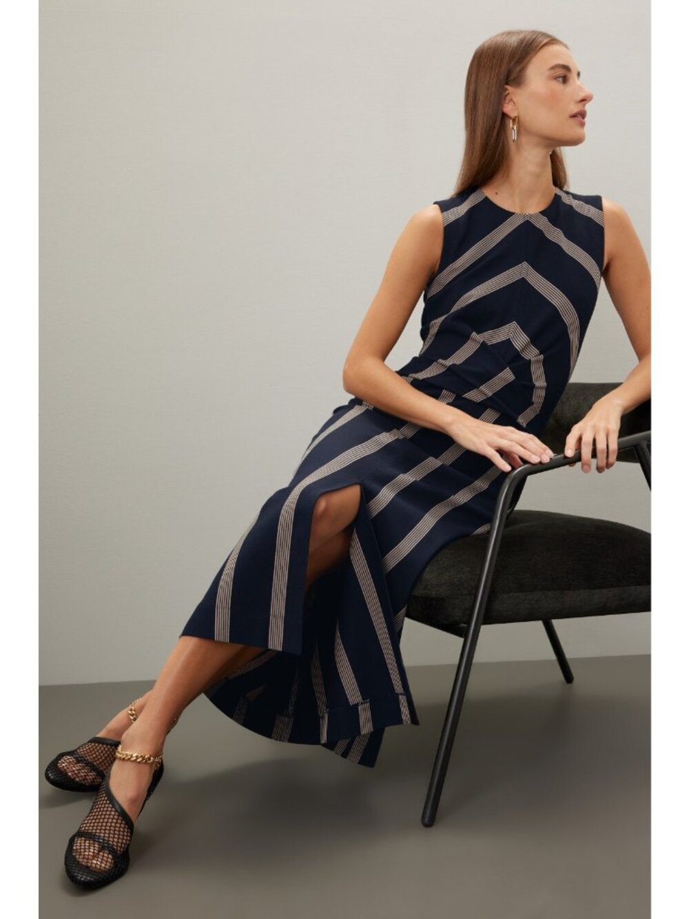 Tanya Taylor Striped Ponte Midi Dress Navy Cream XS Tailored Workwear Chevron